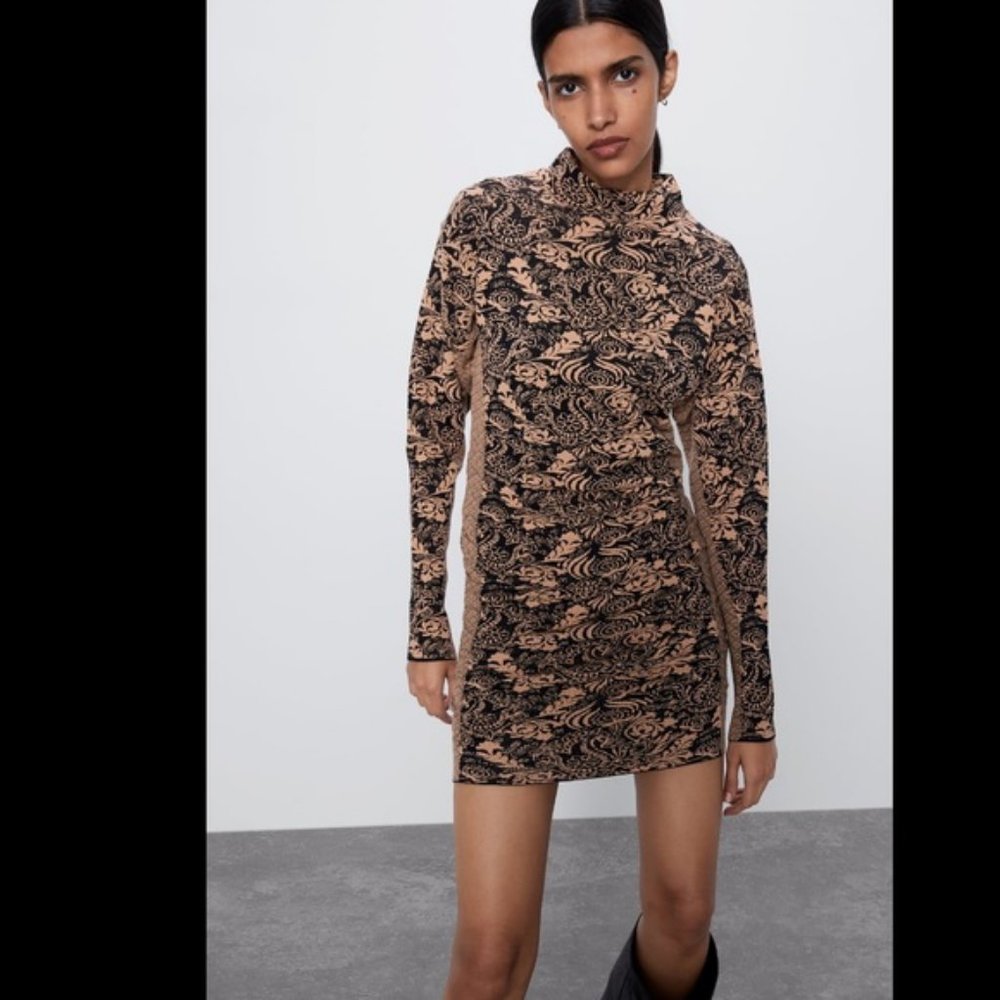 NWT ZARA JACQAUARD RUCHED BROWN BLACK DRESS S
